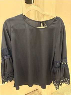 Navy Lace-Sleeve Round-Neck Blouse